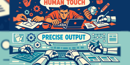 Human hands demonstrating creativity and design process above, robotic hands showcasing precise output and automated tasks below