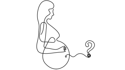 An image of a pregnant woman&#039;s body silhouette with question mark as line drawing picture on white