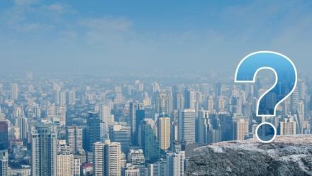 an image of a question mark sign flat icon on rock mountain over modern city tower, office building and skyscraper 
