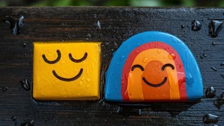 comparison between happy and sad mental conditions, with a face expression and a symbol for each, such as a sun and a rainbow for positive thinking