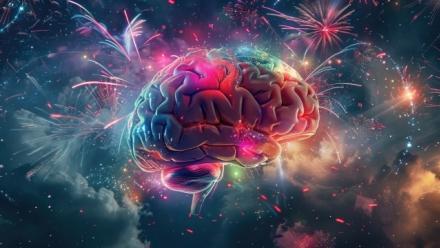 An image of a brain with a fireworks display inside, symbolising the explosion of ideas and pleasure