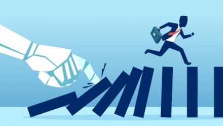 Vector of a robot hand pushing dominoes while businessman runing away from falling effect. By Feodora