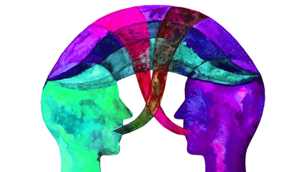 two heads in colour on white showing dialogue of minds