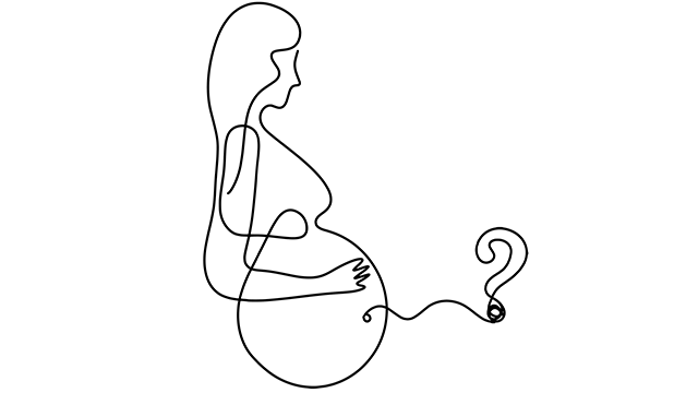 An image of a pregnant woman&#039;s body silhouette with question mark as line drawing picture on white