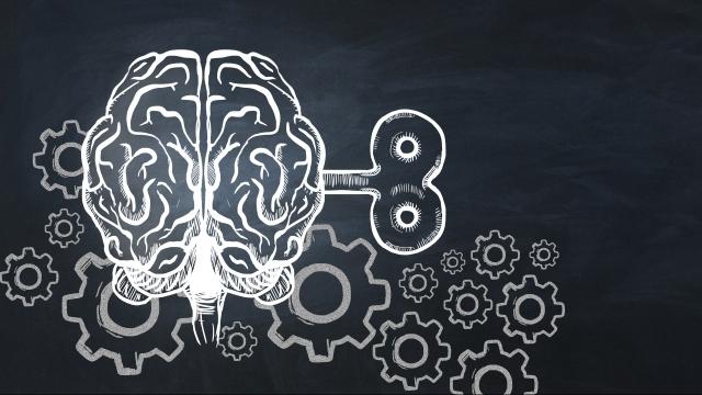 Creative brain sketch with gears and wind-up mechanism on chalkboard wall background with mock up place. Intelligence, strategy, knowledge, psychology and solution concept.