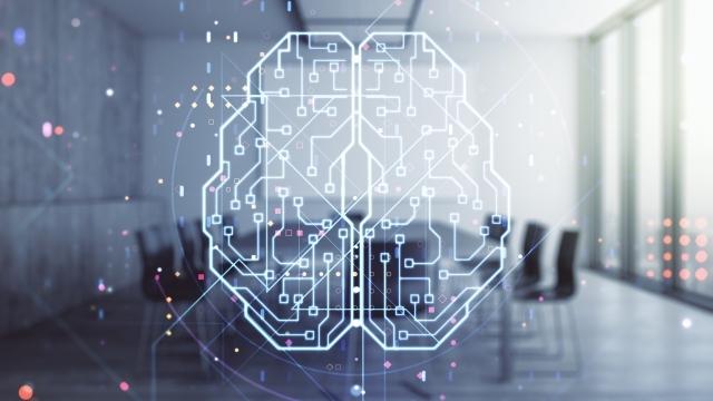 an image of a double exposure of creative artificial Intelligence interface on a modern meeting room background. Neural networks and machine learning concept.