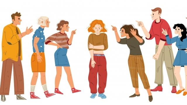 Image of - Crowd of aggressive people bully and blame outcast woman. Scared female victim character express abuse trying to hide from angry persons pointing on her with fingers, Line art flat vector illustration
