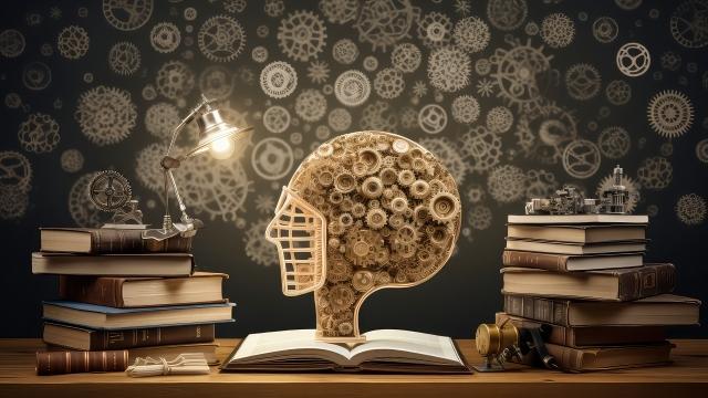 image of a human brain with gears, cogwheels and books on wooden table.