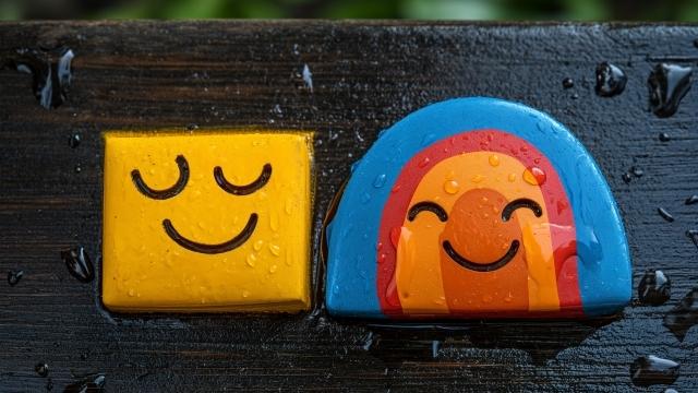 comparison between happy and sad mental conditions, with a face expression and a symbol for each, such as a sun and a rainbow for positive thinking