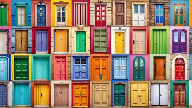 A variety of colorful doors representing endless possibilities, door, choice, opportunities, entrance, exit, colorful, diversity, options, selection, entrance, pathway, decision, opportunity