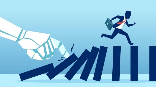 Vector of a robot hand pushing dominoes while businessman runing away from falling effect. By Feodora